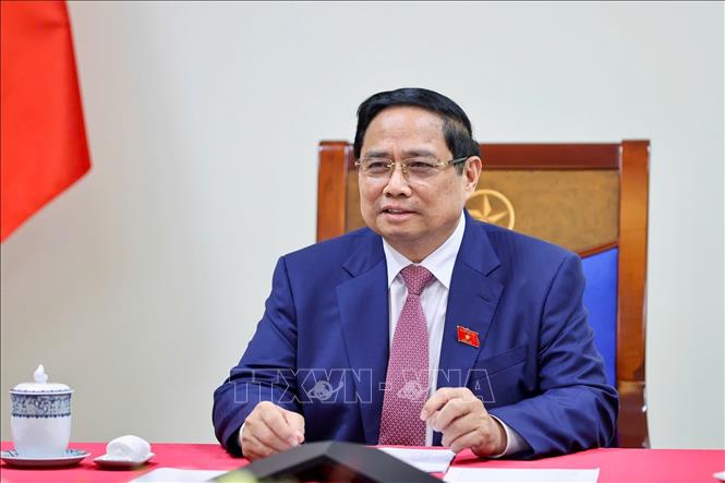 Thủ tướng Phạm Minh Chính điện đàm với Tổng giám đốc Tập đoàn Năng lượng Nguyên tử Quốc gia Liên bang Nga (Rosatom) Alexey Likhachev. Ảnh: Dương Giang-TTXVN 