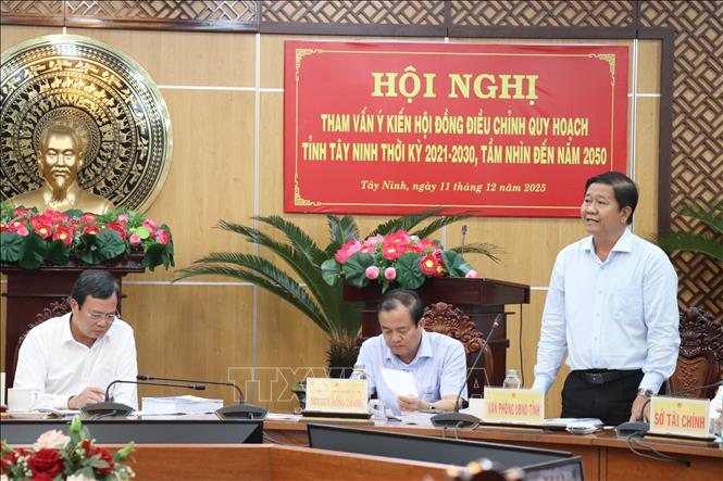 Ông Võ Thành Trí, Chánh Văn phòng UBND tỉnh Tây Ninh góp ý kiến điều chỉnh quy hoạch. Ảnh: Thanh Bình - TTXVN