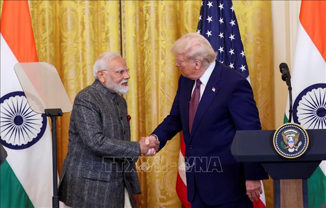 (Tư liệu) Tổng thống Mỹ Donald Trump và Thủ tướng Ấn Độ Narendra Modi tại cuộc họp báo chung ở Nhà Trắng, Washington, DC, ngày 13/2/2025. Ảnh: ANI/TTXVN