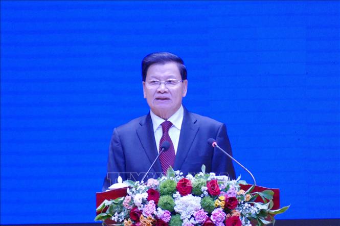 Tổng Bí thư, Chủ tịch nước Lào Thongloun Sisoulith phát biểu tại Lễ kỷ niệm. Ảnh: Xuân Tú - PV TTXVN tại Lào