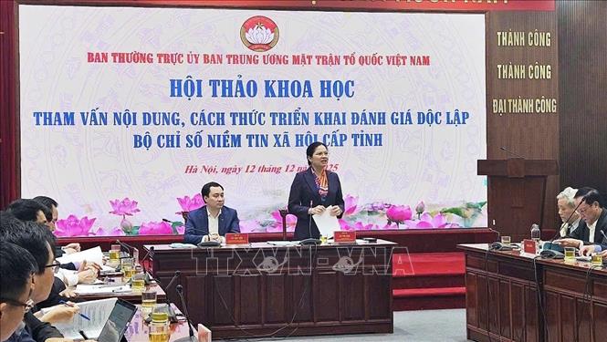 Đồng chí Hà Thị Nga, Ủy viên Trung ương Đảng, Phó Chủ tịch Ủy ban Trung ương MTTQ Việt Nam, phát biểu. Ảnh: Phúc Hằng - TTXVN
