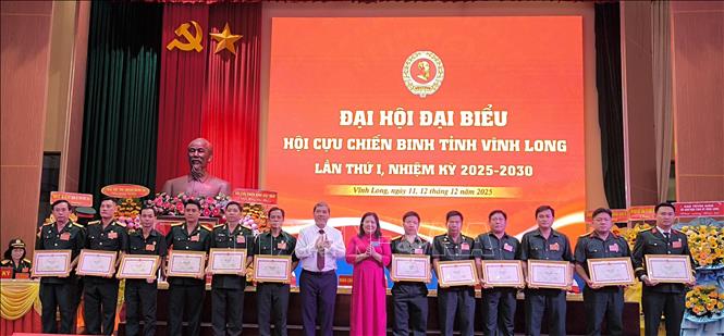 Tặng Bằng khen của UBND tỉnh Vĩnh Long cho các tập thể, cá nhân có thành tích xuất sắc trong công tác Hội nhiệm kỳ 2022-2025. Ảnh: Huỳnh Phúc Hậu - TTXVN