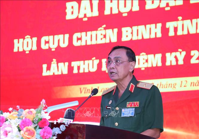 Thiếu tướng Nguyễn Minh Hoàng, Phó Chủ tịch Hội Cựu chiến binh Việt Nam phát biểu tại Đại hội. Ảnh: Huỳnh Phúc Hậu - TTXVN