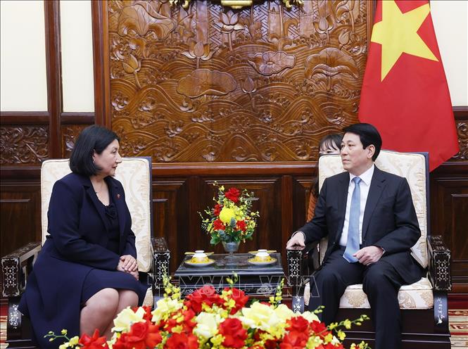 Chủ tịch nước Lương Cường tiếp Đại sứ Cộng hoà Chile tại Việt Nam Nasly Isabel Bernal Prado. Ảnh: Lâm Khánh – TTXVN