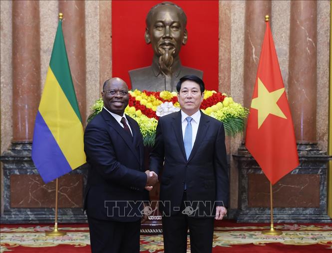 Chủ tịch nước Lương Cường với Đại sứ Cộng hoà Gabonese tại Việt Nam Baudelaire Ndong Ella trình Quốc thư. Ảnh: Lâm Khánh - TTXVN
