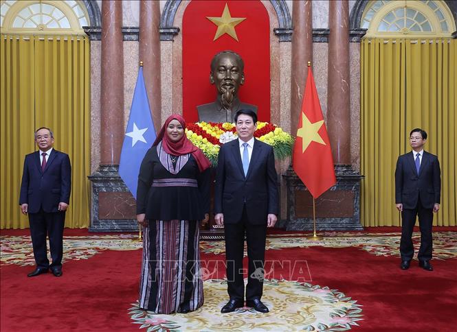Chủ tịch nước Lương Cường với Đại sứ Cộng hoà Liên bang Somalia tại Việt Nam Hedan Osman Abdi trình Quốc thư. Ảnh: Lâm Khánh - TTXVN