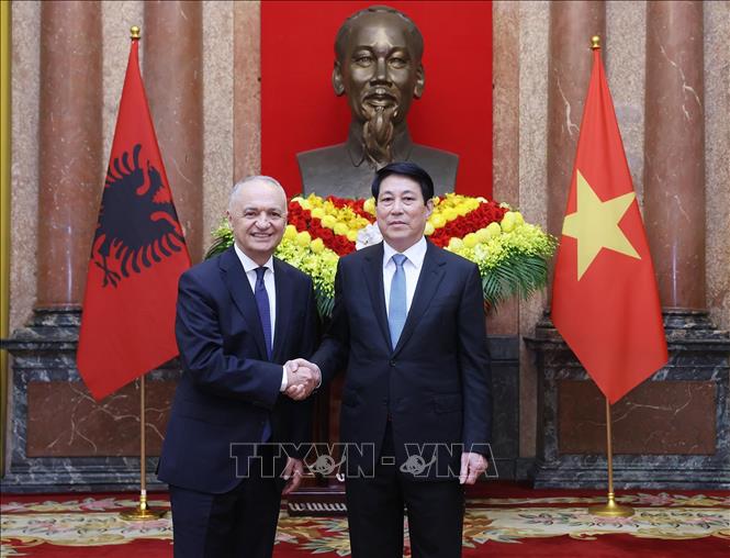 Chủ tịch nước Lương Cường với Đại sứ Cộng hoà Albania tại Việt Nam Riza Poda trình Quốc thư. Ảnh: Lâm Khánh - TTXVN