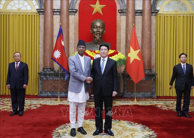 Chủ tịch nước Lương Cường với Đại sứ Cộng hòa Dân chủ Liên bang Nepal tại Việt Nam Dhan Bahadur Oli trình Quốc thư. Ảnh: Lâm Khánh - TTXVN