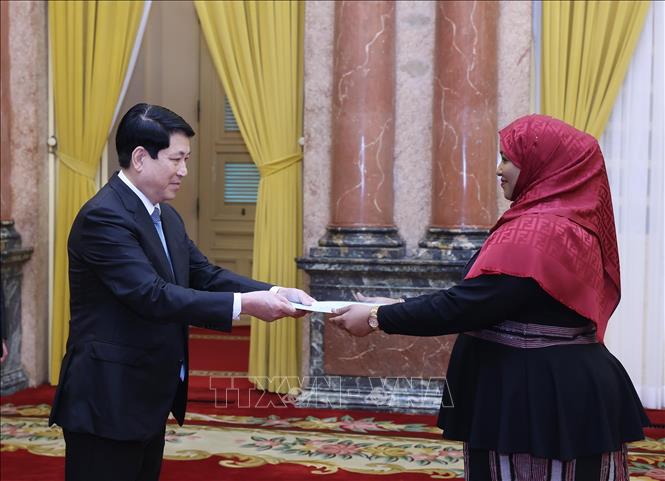 Chủ tịch nước Lương Cường nhận Quốc thư từ Đại sứ Cộng hoà Liên bang Somalia tại Việt Nam Hedan Osman Abdi . Ảnh: Lâm Khánh - TTXVN