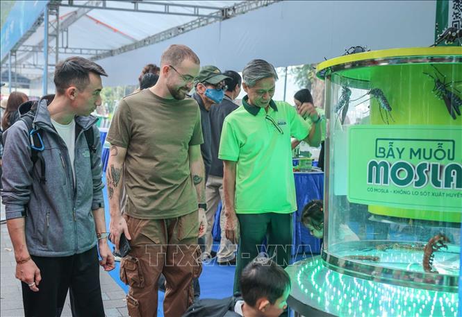 Du khách nước ngoài tham quan gian hàng tại triển lãm Techfest Việt Nam 2025 tại phố đi bộ Hồ Gươm. Ảnh: Hoàng Hiếu - TTXVN