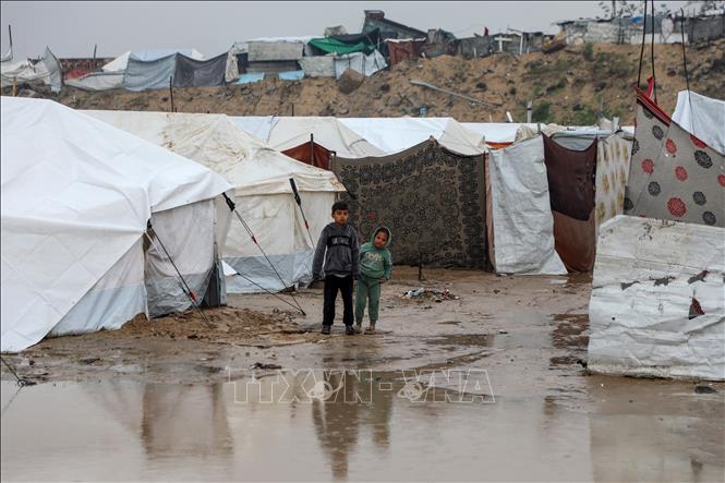 Khu lều trại của người tị nạn Palestine tại Zeitoun, phía Đông Nam thành phố Gaza bị ngập lụt do mưa lớn, ngày 11/12/2025. Ảnh: THX/TTXVN