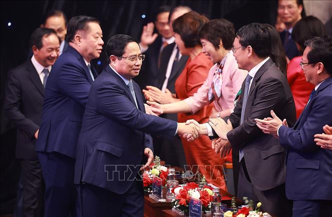 Thủ tướng Phạm Minh Chính đến dự Lễ trao Giải thưởng Toàn quốc về Thông tin Đối ngoại lần thứ XI. Ảnh: Dương Giang-TTXVN

