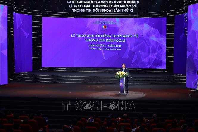 Thủ tướng Phạm Minh Chính phát biểu chỉ đạo tại Lễ trao Giải thưởng Toàn quốc về Thông tin Đối ngoại lần thứ XI. Ảnh: Dương Giang-TTXVN