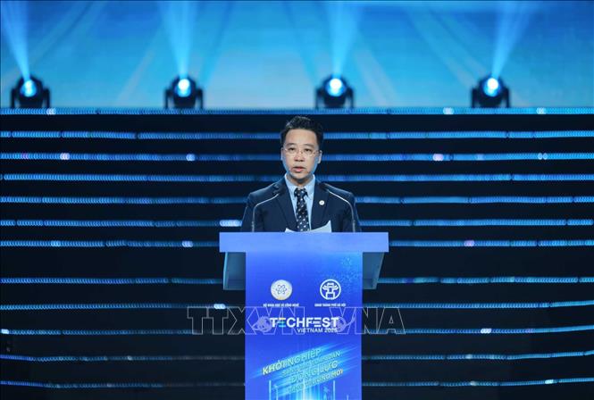 Giám đốc Trung tâm hỗ trợ khởi nghiệp sáng tạo Quốc gia (NSSC) Nguyễn Toàn Thắng phát biểu khai mạc. Ảnh: Hoàng Hiếu - TTXVN