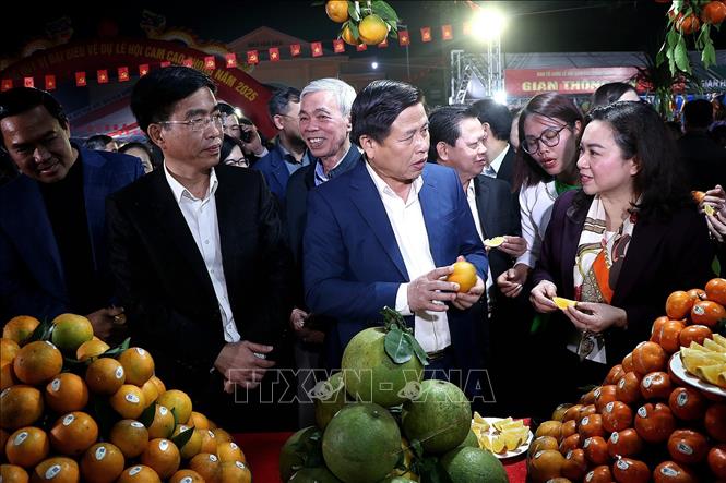 Các đại biểu thăm các gian hàng, kiểm tra chất lượng sản phẩm cam Cao Phong. Ảnh: Thanh Hải - TTXVN