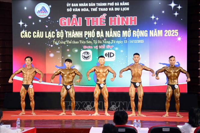 Các vận động viên nam tranh tài Thể hình tại Giải. Ảnh: Trần Lê Lâm - TTXVN 