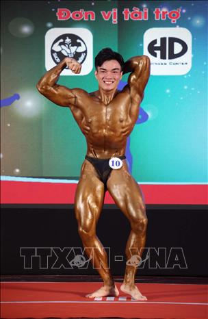 Các vận động viên nam tranh tài Thể hình tại Giải. Ảnh: Trần Lê Lâm - TTXVN 