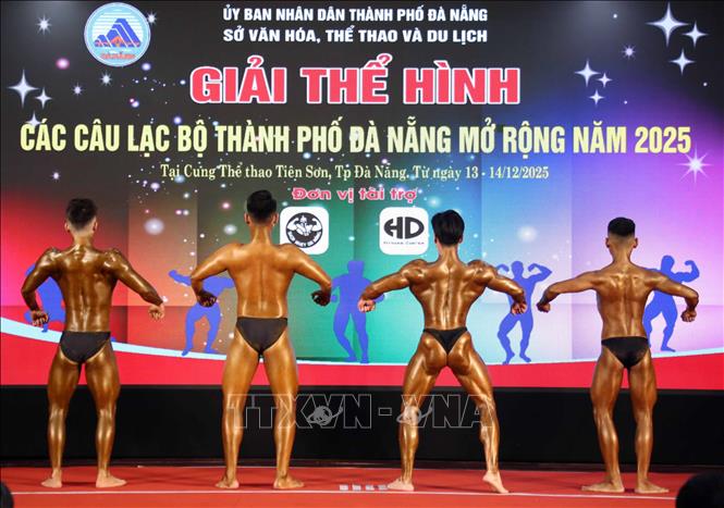 Các vận động viên nam tranh tài Thể hình tại Giải. Ảnh: Trần Lê Lâm - TTXVN 
