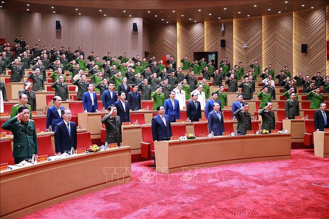 Thủ tướng Phạm Minh Chính và các đại biểu dự Hội nghị Công an toàn quốc lần thứ 81. Ảnh: Dương Giang - TTXVN
