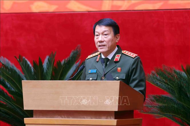 Đại tướng Lương Tam Quang, Ủy viên Bộ Chính trị, Bí thư Đảng ủy Công an Trung ương, Bộ trưởng Bộ Công an phát biểu. Ảnh: Phạm Kiên - TTXVN