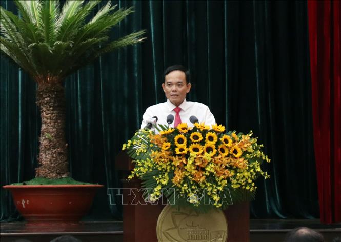 Bí thư Thành ủy Thành phố Hồ Chí Minh Trần Lưu Quang phát biểu tại hội nghị. Ảnh: Tiến Lực - TTXVN