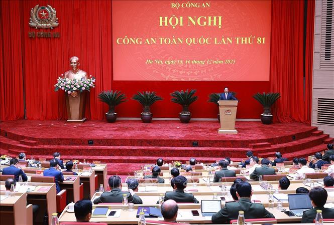 Thủ tướng Phạm Minh Chính phát biểu chỉ đạo tại Hội nghị Công an toàn quốc lần thứ 81. Ảnh: Dương Giang-TTXVN