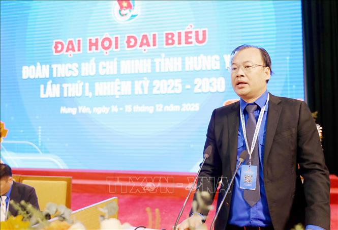Bí thư Tỉnh đoàn Hưng Yên Thiệu Minh Quỳnh phát biểu tại Đại hội. Ảnh: Thế Duyệt - TTXVN