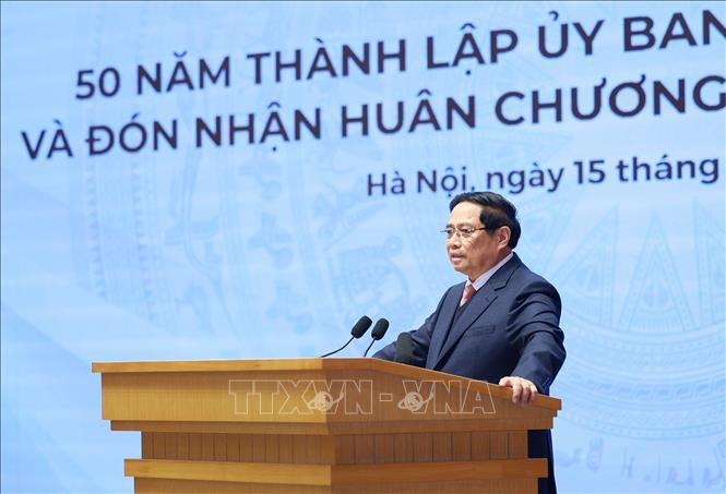 Thủ tướng Phạm Minh Chính phát biểu tại Lễ kỷ niệm 50 năm thành lập Uỷ ban Biên giới quốc gia. Ảnh: Dương Giang – TTXVN
