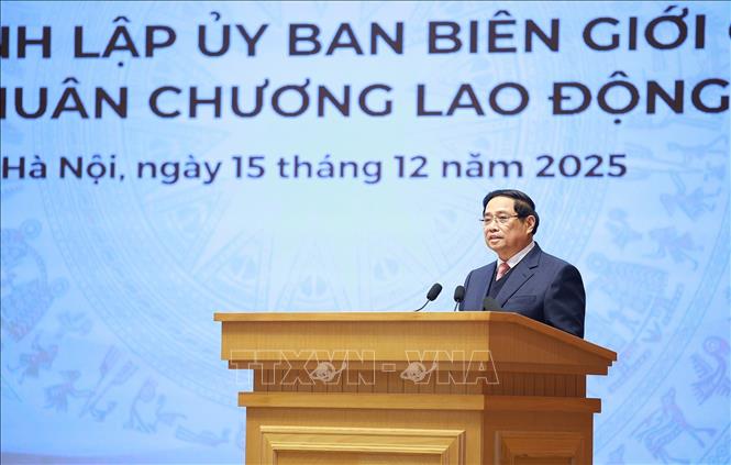 Thủ tướng Phạm Minh Chính phát biểu tại Lễ kỷ niệm 50 năm thành lập Uỷ ban Biên giới quốc gia. Ảnh: Dương Giang – TTXVN
