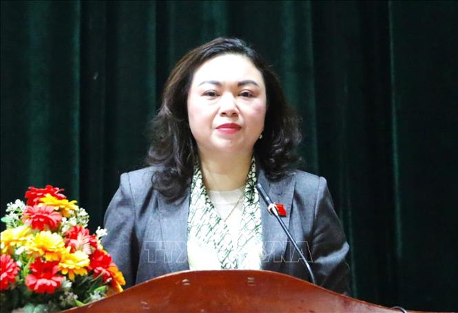 Phó Trưởng Đoàn đại biểu Quốc hội tỉnh Đặng Bích Ngọc báo cáo với cử tri về kết quả Kỳ họp thứ 10, Quốc hội khóa XV. Ảnh: Trọng Đạt-TTXVN