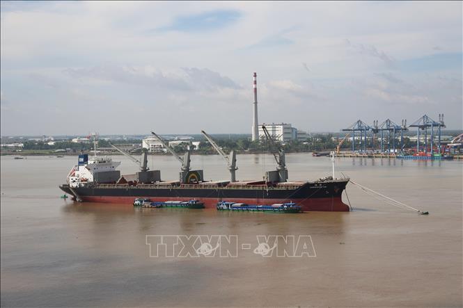 Tàu thuyền lưu thông trên sông Soài Rạp. Ảnh: Hồng Đạt - TTXVN
