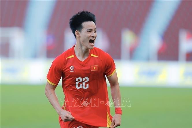 Thanh Nhàn vui mừng sau khi ghi bàn ấn định tỷ số 2-0 ở phút 90+2. Ảnh: Minh Quyết - PV TTXVN tại Thái Lan