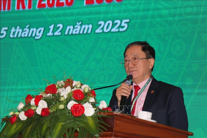 Tổng Giám đốc Ngân hàng CSXH Dương Quyết Thắng phát biểu tại đại hội. Ảnh: Thanh Vũ-TTXVN