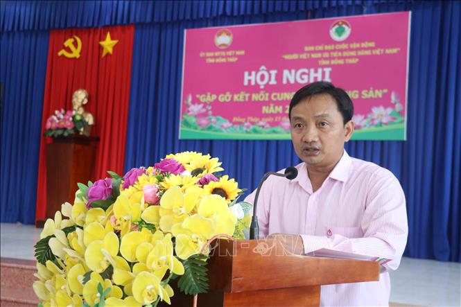 Ông Võ Chí Hữu, Phó Chủ tịch Ủy ban MTTQ Việt Nam tỉnh Đồng Tháp phát biểu tại Hội nghị. Ảnh: Công Trí-TTXVN  