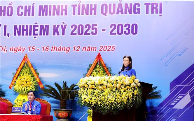 Đồng chí Nguyễn Phạm Duy Trang, Bí thư Ban Chấp hành Trung ương Đoàn, Chủ tịch Đội đồng Đội Trung ương, phát biểu tại Đại hội. Ảnh: Võ Dung - TTXVN 