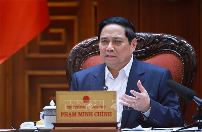 Thủ tướng Phạm Minh Chính chủ trì họp Thường trực Chính phủ về công tác chuẩn bị tổ chức Lễ khởi công, khánh thành, thông xe kỹ thuật các công trình, dự án trọng điểm. Ảnh: Dương Giang – TTXVN
