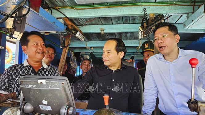 Ông Nguyễn Quốc Đoàn (giữa), Ủy viên Trung ương Đảng, Phó Tổng Thanh tra Thường trực Thanh tra Chính phủ cùng ông Hoàng Nguyên Dinh, Phó Chủ tịch UBND TP. Hồ Chí Minh, kiểm tra tàu cá của ngư dân neo đậu tại cảng cá Tân Phước, xã Long Hải. Ảnh: Hoàng Nhị - TTXVN