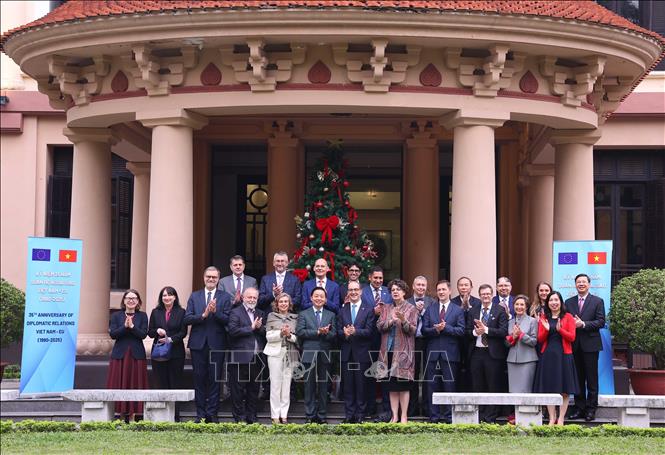 Deputy Prime Minister Tran Hong Ha, ambassadors and chargés d’affaires of the European Union in Vietnam pose for a group photo. VNA Photo: Văn Điệp