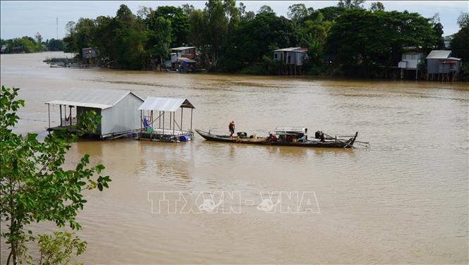 Người dân phường Thường Lạc (tỉnh Đồng Tháp) đánh bắt thủy sản trên sông Sở Thượng vào cuối mùa lũ. Ảnh: Nhựt An - TTXVN