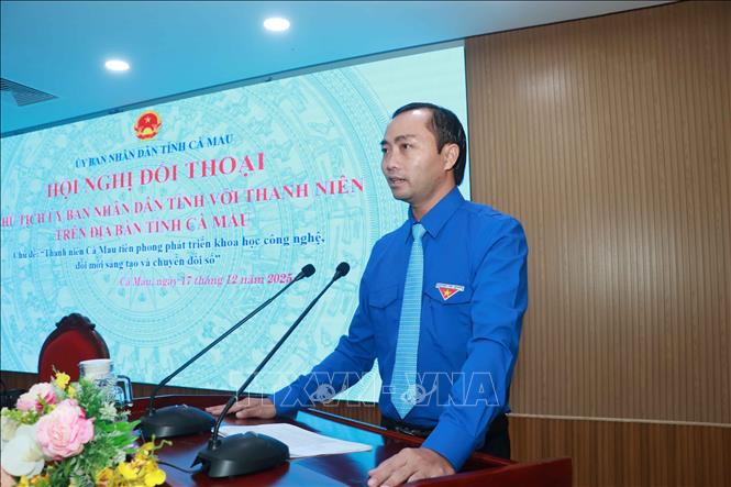 Bí thư Tỉnh đoàn Cà Mau Phạm Tuấn Tài phát biểu tại hội nghị. Ảnh: Huỳnh Anh - TTXVN