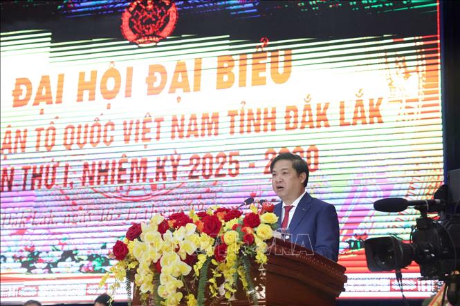 Ông Lương Nguyễn Minh Triết, Ủy viên dự khuyết Trung ương Đảng, Bí thư Tỉnh ủy Đắk Lắk phát biểu tại Đại hội. Ảnh: Ngọc Minh – TTXVN