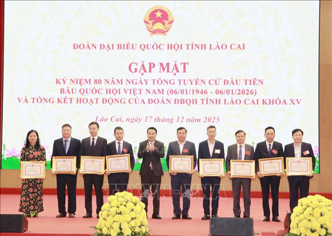 UBND tỉnh Lào Cai tặng Bằng khen cho 10 tập thể có nhiều đóng góp cho hoạt động của Đoàn Đại biểu Quốc hội tỉnh. Ảnh: Đinh Thùy-TTXVN 