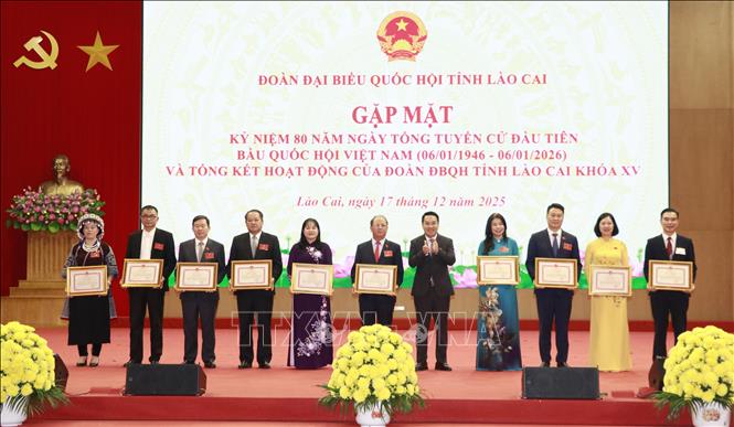 UBND tỉnh Lào Cai tặng Bằng khen cho các cá nhân có nhiều đóng góp cho hoạt động của Đoàn Đại biểu Quốc hội tỉnh. Ảnh: Đinh Thùy-TTXVN