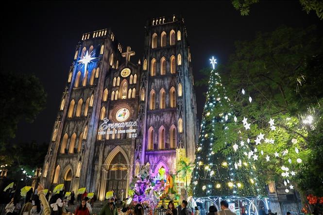 The St. Joseph's Cathedral in Hanoi is decorated with lights for Christmas. VNA Photo