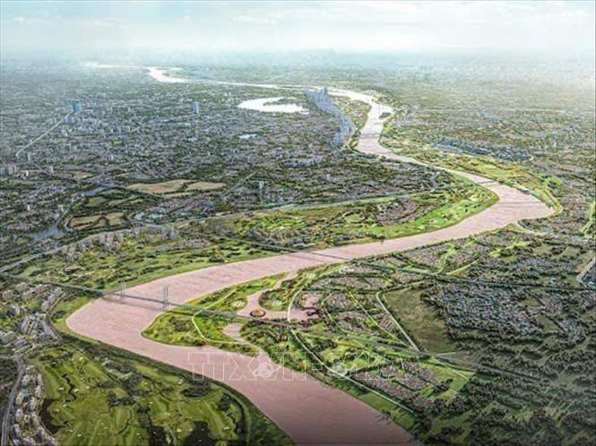 Dự án có tổng mức đầu tư khoảng 855.000 tỷ đồng với quy mô 11.000 ha kéo dài từ cầu Sông Hồng đến cầu Mễ Sở thuộc địa giới 19 xã, phường của thành phố Hà Nội, tổng chiều dài khoảng 80km. Ảnh: Phan Phương -  TTXVN
