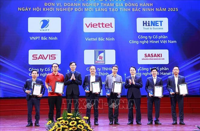 Giám đốc Sở Khoa học và Công nghệ tỉnh Bắc Ninh Nguyễn Văn Dũng; Phó Bí thư Tỉnh Đoàn Bắc Ninh Hà Thái Sơn trao chứng nhận đồng hành và biểu trưng cho đại diện các đơn vị đồng hành Cuộc thi. Ảnh: Đồng Thúy-TTXVN