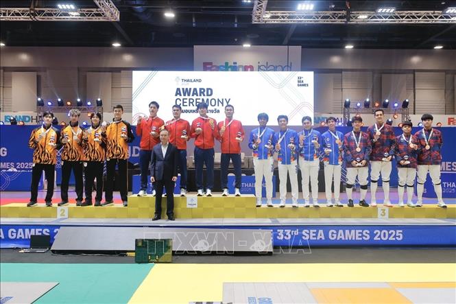 4 VĐV Nguyễn Xuân Lợi, Nguyễn Văn Quyết, Lê Văn Bang, Phan Ánh Dương thi đấu xuất sắc, giành HCV. Ảnh: Minh Quyết - PV TTXVN tại Thái Lan