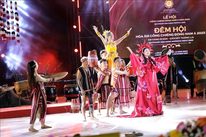 Nghi thức cúng Yang mở màn cho Đêm hội hòa âm cồng chiêng Đông Nam Á 2025. Ảnh Chu Quốc Hùng - TTXVN

