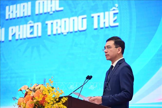 Tiến sĩ, Bác sĩ Hà Anh Đức, Cục trưởng Cục khám chữa bệnh, Bộ Y tế, Phó Chủ tịch Hội đồng y khoa quốc gia, Chủ tịch Hội Thầy thuốc trẻ Việt Nam khóa IV phát biểu tại Đại hội. Ảnh: Hạnh Quyên-TTXVN