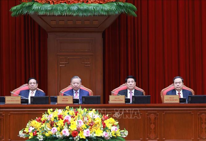Tổng Bí thư Tô Lâm, Chủ tịch nước Lương Cường, Thủ tướng Phạm Minh Chính, Chủ tịch Quốc hội Trần Thanh Mẫn chủ trì hội nghị. Ảnh: Thống Nhất - TTXVN